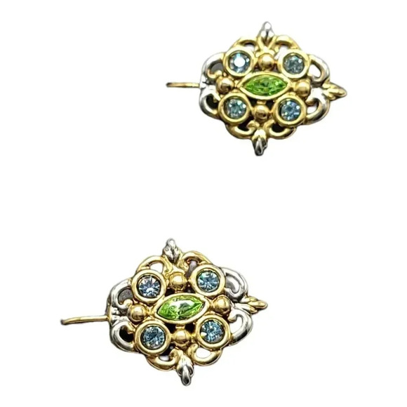 Darlene Group Open Filigree Two Toned Blue Green Multi Color Rhinestone Dangle E - Picture 2 of 4